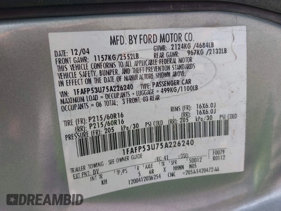 2005 Ford Taurus SE with VIN 1FAFP53U75A226240, listed as a IAAI auction lot 42066974 with 190,043 mi miles. Bid and sale history available at carsss.com. Image 9.