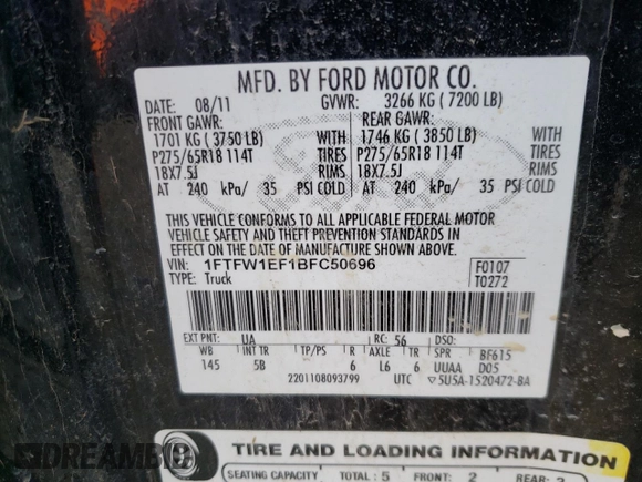 2011 Ford F-150 XL with VIN 1FTFW1EF1BFC50696, listed as a Copart auction lot 43288555 with 228,970 mi miles and Clean Title. Bid and sale history available at carsss.com. Image 12.