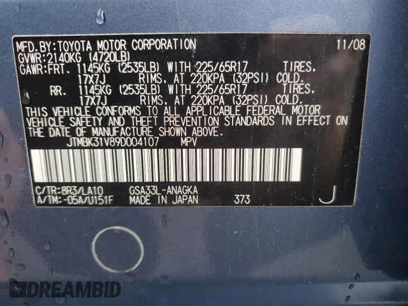 2009 Toyota RAV4 Ltd with VIN JTMBK31V89D004107, listed as a Copart auction lot 51207945 with 225,727 mi miles and Clean Title. Bid and sale history available at carsss.com. Image 13.