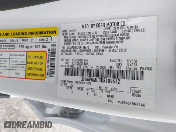 2019 Ford Fusion Hybrid SEL with VIN 3FA6P0MU3KR189612, listed as a IAAI auction lot 41422745 with 95,130 mi miles. Bid and sale history available at carsss.com. Image 9.