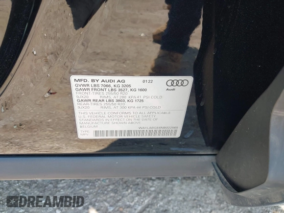 2022 Audi e-tron Premium Plus with VIN WA1LABGE6NB022565, listed as a IAAI auction lot 42402533 with 25,075 mi miles and . Bid and sale history available at DreamBid. Image 9.