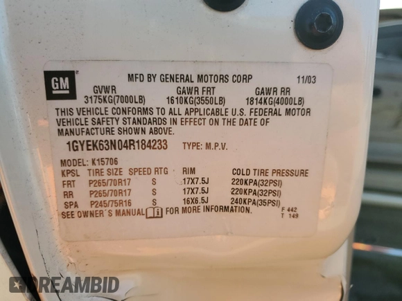 2004 Cadillac Escalade z VIN 1GYEK63N04R184233, wystawiony jako Copart lot #58171595 z przebiegiem 212 741 mil mil oraz Szkoda całkowita • Salvage title. Historia ofert i sprzedaży dostępna na DreamBid. Obrazek 13.