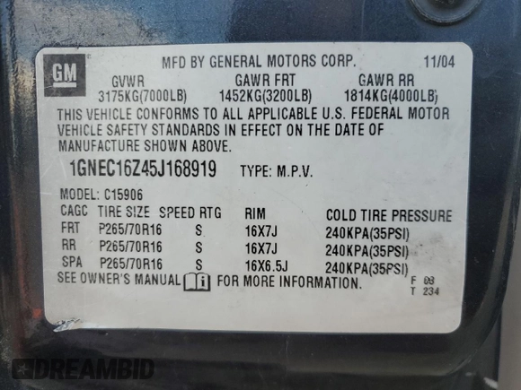 2005 Chevrolet Suburban LT with VIN 1GNEC16Z45J168919, listed as a Copart auction lot 37144714 with 0 mi miles and Salvage Title. Bid and sale history available at carsss.com. Image 13.