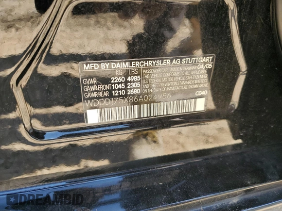 2006 Mercedes-Benz CLS-Class with VIN WDDDJ75X86A024956, listed as a Copart auction lot 75820984 with 70,754 mi miles and Salvage Title. Bid and sale history available at carsss.com. Image 12.