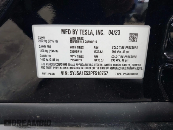 2023 Tesla Model S with VIN 5YJSA1E53PF510757, listed as a IAAI auction lot 42075624 with Not provided miles and . Bid and sale history available at DreamBid. Image 9.