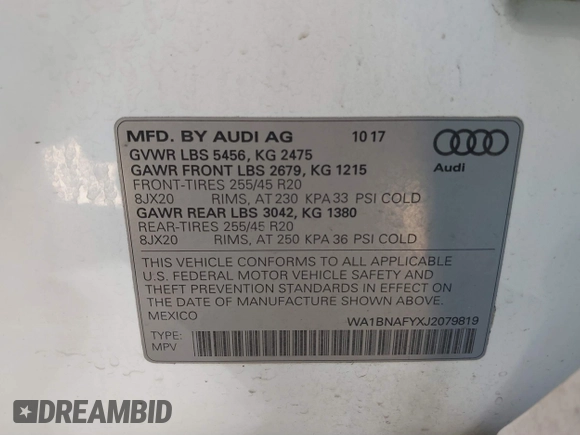2018 Audi Q5 Premium Plus with VIN WA1BNAFYXJ2079819, listed as a IAAI auction lot 41667923 with 123,319 mi miles. Bid and sale history available at carsss.com. Image 9.