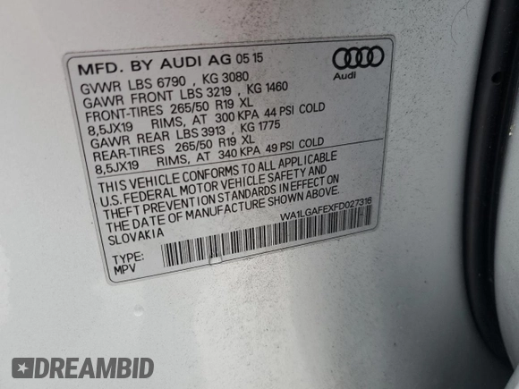 2015 Audi Q7 Premium Plus with VIN WA1LGAFEXFD027316, listed as a Copart auction lot 56501475 with 96,653 mi miles and Clean Title. Bid and sale history available at DreamBid. Image 13.