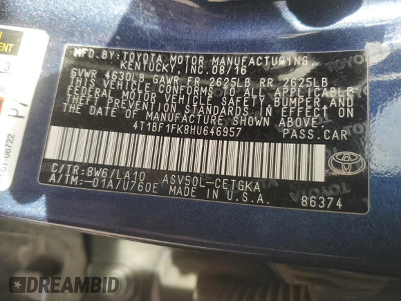2017 Toyota Camry XLE with VIN 4T1BF1FK8HU646957, listed as a Copart auction lot 51324105 with 190,137 mi miles and Salvage Title. Bid and sale history available at carsss.com. Image 12.