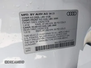 2023 Audi Q3 S line Premium Plus with VIN WA1EECF3XP1127217, listed as a IAAI auction lot 42016607 with 13,772 mi miles. Bid and sale history available at carsss.com. Image 9.