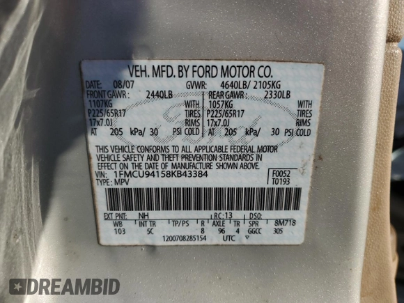 2008 Ford Escape Limited with VIN 1FMCU94158KB43384, listed as a Copart auction lot 51799325 with 188,824 mi miles and Non Repairable. Bid and sale history available at carsss.com. Image 13.