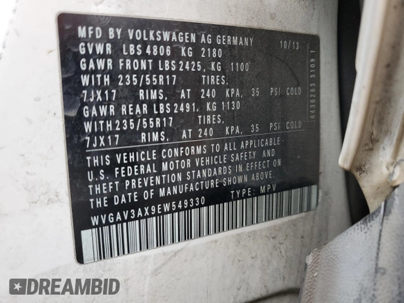 2014 Volkswagen Tiguan SE with VIN WVGAV3AX9EW549330, listed as a Copart auction lot 86750414 with 122,622 mi miles and Clean title. Bid and sale history available at DreamBid. Image 14.