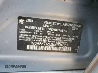 2011 BMW 3 Series 328i with VIN WBAPH7G5XBNN04057, listed as a Copart auction lot 51295015 with 167,185 mi miles and Salvage Title. Bid and sale history available at carsss.com. Image 12.