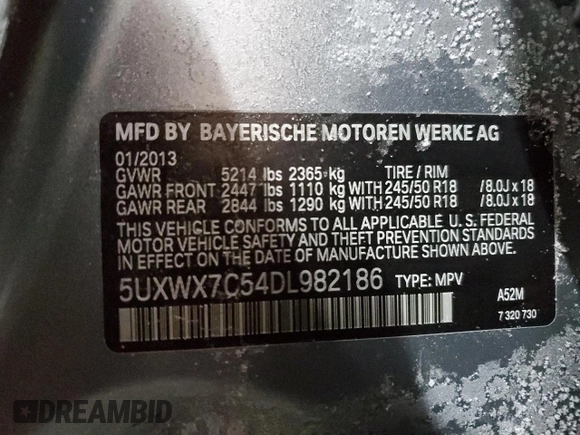 2013 BMW X3 xDrive35i with VIN 5UXWX7C54DL982186, listed as a Copart auction lot 89326175 with 136,622 mi miles and Salvage Title. Bid and sale history available at DreamBid. Image 12.