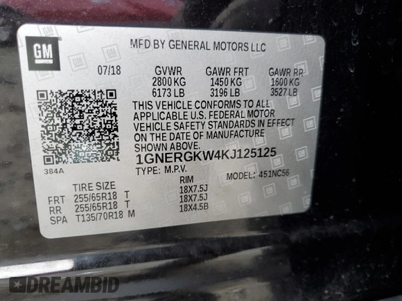 2019 Chevrolet Traverse LT Cloth with VIN 1GNERGKW4KJ125125, listed as a Copart auction lot 45719905 with 55,281 mi miles and Salvage Title. Bid and sale history available at carsss.com. Image 13.