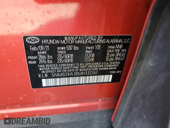 2021 Hyundai Santa Fe SEL z VIN 5NMS24AJ8MH332761, wystawiony jako Copart lot #56950795 z przebiegiem 68 391 mil mil oraz Szkoda całkowita • Salvage title. Historia ofert i sprzedaży dostępna na DreamBid. Obrazek 13.