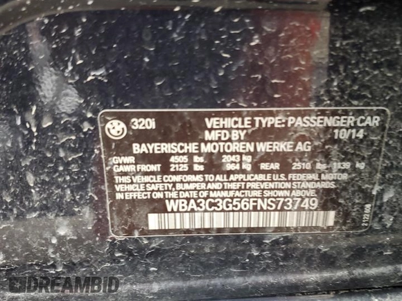 2015 BMW 3 Series 320i xDrive with VIN WBA3C3G56FNS73749, listed as a Copart auction lot 49975215 with Not provided miles and Salvage title. Bid and sale history available at DreamBid. Image 13.