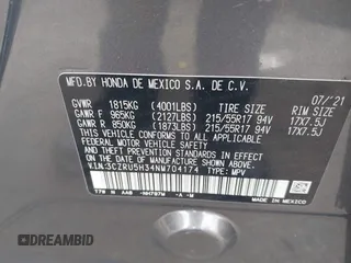 2022 Honda HR-V LX with VIN 3CZRU5H34NM704174, listed as a IAAI auction lot 42097058 with 57,198 mi miles and . Bid and sale history available at DreamBid. Image 9.
