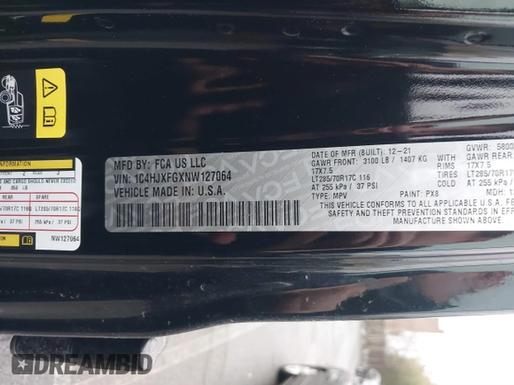 2022 Jeep Wrangler Unlimited Rubicon with VIN 1C4HJXFGXNW127064, listed as a IAAI auction lot 41491203 with 47,700 mi miles and . Bid and sale history available at DreamBid. Image 9.