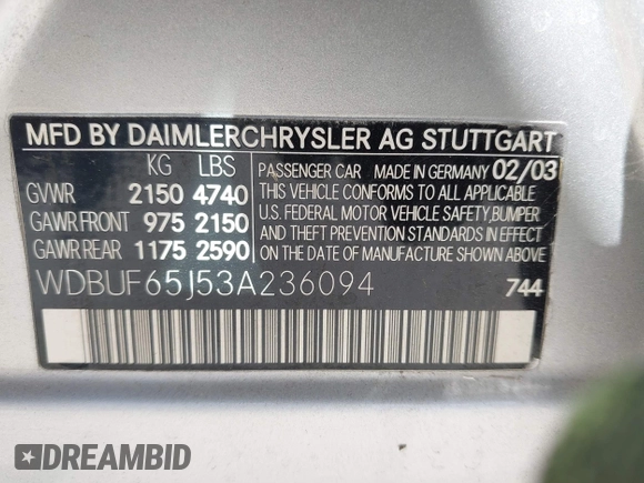 2003 Mercedes-Benz E 320 with VIN WDBUF65J53A236094, listed as a IAAI auction lot 42272839 with 117,835 mi miles and . Bid and sale history available at DreamBid. Image 9.