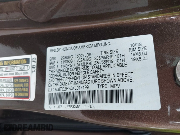 2019 Acura RDX w/Advance Pkg with VIN 5J8TC2H75KL017199, listed as a IAAI auction lot 41565130 with 67,880 mi miles. Bid and sale history available at carsss.com. Image 9.