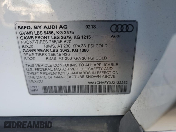 2018 Audi Q5 Prestige with VIN WA1CNAFY3J2132252, listed as a Copart auction lot 65802452 with 57,824 mi miles. Bid and sale history available at carsss.com. Image 10.