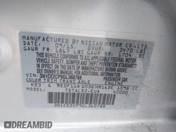 2016 Nissan Note S z VIN 3N1CE2CP9GL360788, wystawiony jako IAAI lot #42230194 z przebiegiem 56 999 mil mil oraz . Historia ofert i sprzedaży dostępna na DreamBid. Obrazek 9.
