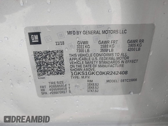 2019 GMC Yukon XL SLT z VIN 1GKS1GKC0KR242408, wystawiony jako IAAI lot #42144783 z przebiegiem Nie podano mil oraz . Historia ofert i sprzedaży dostępna na DreamBid. Obrazek 9.