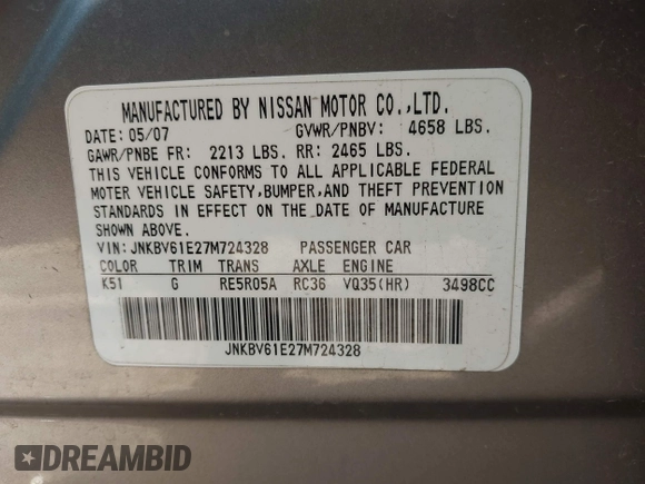2007 Infiniti G35 Sedan Journey with VIN JNKBV61E27M724328, listed as a IAAI auction lot 42012857 with Not Provided miles. Bid and sale history available at carsss.com. Image 9.