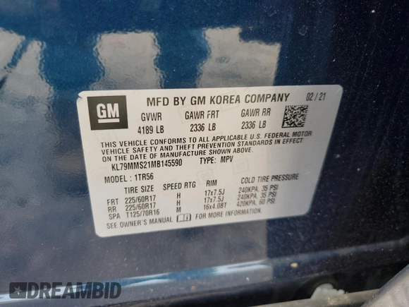 2021 Chevrolet TrailBlazer LS with VIN KL79MMS21MB145590, listed as a Copart auction lot 67846114 with 46,252 mi miles and Salvage Title. Bid and sale history available at DreamBid. Image 14.