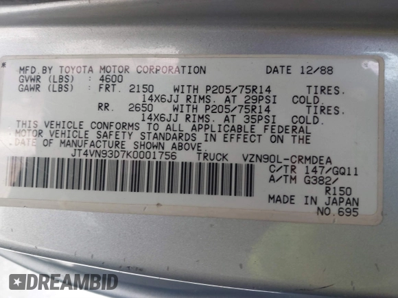 1989 Toyota Pickup с VIN JT4VN93D7K0001756, выставлен на аукционе IAAI как лот 41468936 с пробегом 187 284 миль миль и . История ставок и продаж доступна на DreamBid. Изображение 9.