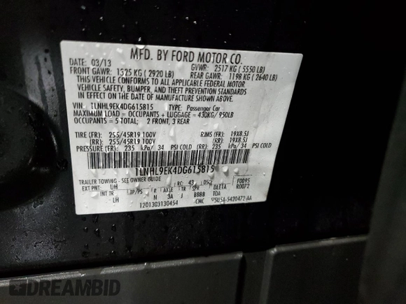 2013 Lincoln MKS with VIN 1LNHL9EK4DG615815, listed as a Copart auction lot 51675925 with 108,273 mi miles and Salvage title. Bid and sale history available at DreamBid. Image 13.