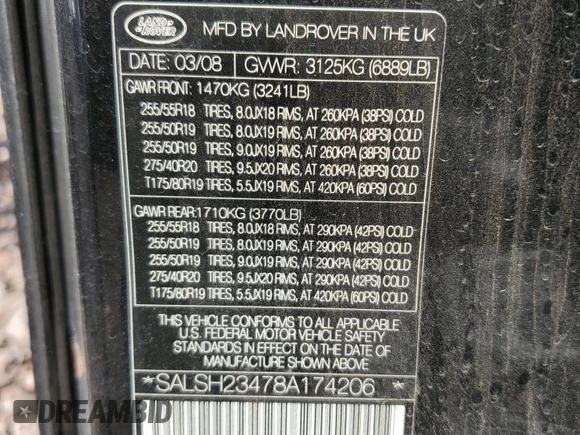 2008 Land Rover Range Rover Sport SC with VIN SALSH23478A174206, listed as a Copart auction lot 48410385 with 176,174 mi miles and Salvage Title. Bid and sale history available at carsss.com. Image 13.