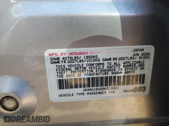 2009 Mitsubishi Lancer DE with VIN JA3AU16U29U018321, listed as a Copart auction lot 55374914 with 147,694 mi miles and Salvage Title. Bid and sale history available at carsss.com. Image 12.