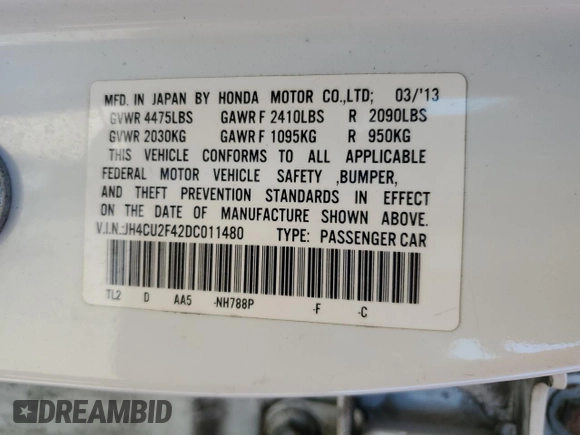 2013 Acura TSX z VIN JH4CU2F42DC011480, wystawiony jako Copart lot #65686185 z przebiegiem 128 972 mil mil oraz Szkoda całkowita • Salvage title. Historia ofert i sprzedaży dostępna na DreamBid. Obrazek 12.