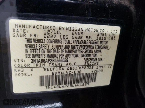 2011 Nissan Sentra SL with VIN 3N1AB6AP2BL666539, listed as a Copart auction lot 79224704 with 117,769 mi miles and Salvage Title. Bid and sale history available at DreamBid. Image 13.