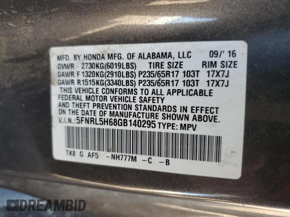 2016 Honda Odyssey EX-L with VIN 5FNRL5H68GB140295, listed as a Copart auction lot 53744385 with 171,985 mi miles and Salvage Title. Bid and sale history available at carsss.com. Image 13.