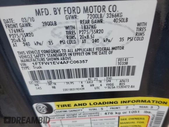 2010 Ford F-150 XL с VIN 1FTFW1EV4AFC06357, выставлен на аукционе Copart как лот 60305585 с пробегом Не указан миль и Списание • Salvage title. История ставок и продаж доступна на DreamBid. Изображение 13.