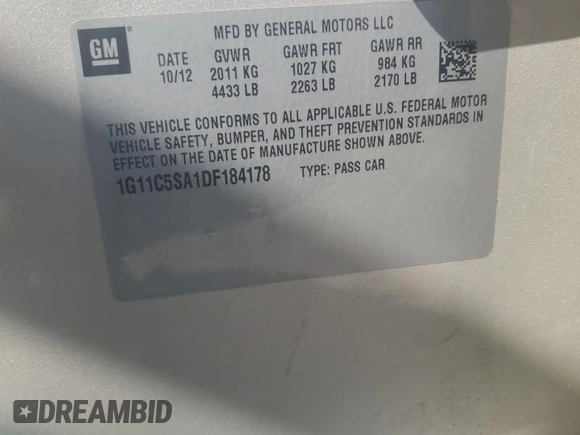 2013 Chevrolet Malibu LT with VIN 1G11C5SA1DF184178, listed as a Copart auction lot 48320095 with 93,215 mi miles and Salvage Title. Bid and sale history available at DreamBid. Image 12.