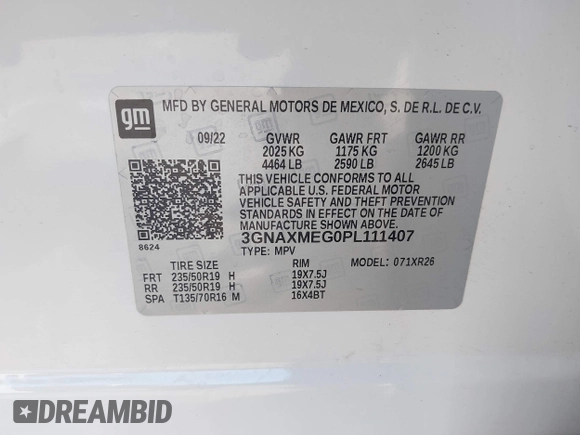 2023 Chevrolet Equinox RS with VIN 3GNAXMEG0PL111407, listed as a IAAI auction lot 41985925 with 34,283 mi miles and . Bid and sale history available at DreamBid. Image 9.