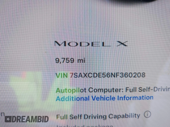 2022 Tesla Model X with VIN 7SAXCDE56NF360208, listed as a IAAI auction lot 41576953 with 9,759 mi miles. Bid and sale history available at carsss.com. Image 16.