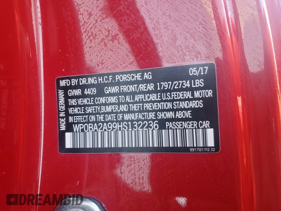 2017 Porsche 911 4 with VIN WP0BA2A99HS132236, listed as a Copart auction lot 79146274 with 0 mi miles and Non Repairable. Bid and sale history available at carsss.com. Image 13.