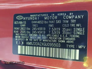 2016 Hyundai Tucson Limited with VIN KM8J33A2XGU095503, listed as a IAAI auction lot 41867884 with 73,600 mi miles. Bid and sale history available at carsss.com. Image 9.