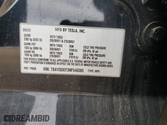 2022 Tesla Model Y Performance with VIN 7SAYGDEF3NF546385, listed as a Copart auction lot 83784984 with 30,769 mi miles and Salvage Title. Bid and sale history available at DreamBid. Image 13.