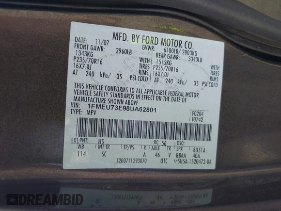 2008 Ford Explorer XLT with VIN 1FMEU73E98UA62801, listed as a IAAI auction lot 42096409 with 156,209 mi miles. Bid and sale history available at carsss.com. Image 9.