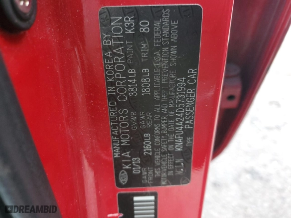 2013 Kia Forte EX with VIN KNAFU4A24D5731994, listed as a Copart auction lot 88393035 with NaN miles and Salvage Title. Bid and sale history available at carsss.com. Image 12.