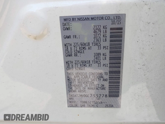 2016 Nissan Rogue SL with VIN 5N1AT2MV0GC755778, listed as a IAAI auction lot 42042335 with 201,371 mi miles and . Bid and sale history available at DreamBid. Image 9.