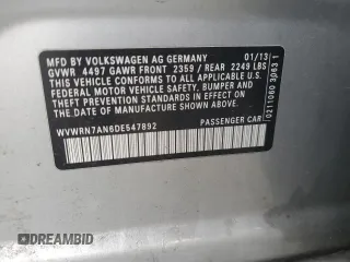 2013 Volkswagen CC Lux с VIN WVWRN7AN6DE547892, выставлен на аукционе Copart как лот 82385034 с пробегом 154 816 миль миль и Списание • Salvage title. История ставок и продаж доступна на DreamBid. Изображение 12.