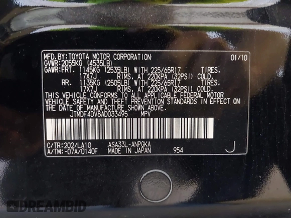 2010 Toyota RAV4 Ltd with VIN JTMDF4DV8AD033495, listed as a IAAI auction lot 41890760 with 167,769 mi miles. Bid and sale history available at carsss.com. Image 9.