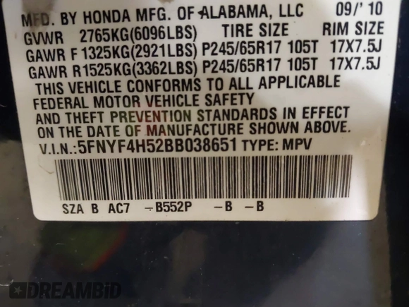 2011 Honda Pilot EX-L with VIN 5FNYF4H52BB038651, listed as a IAAI auction lot 41868695 with 281,683 mi miles. Bid and sale history available at carsss.com. Image 9.