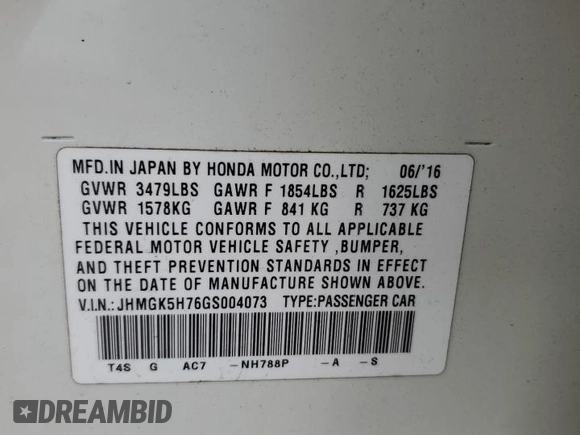 2016 Honda Fit EX with VIN JHMGK5H76GS004073, listed as a Copart auction lot 60194115 with 189,283 mi miles and Salvage title. Bid and sale history available at DreamBid. Image 12.